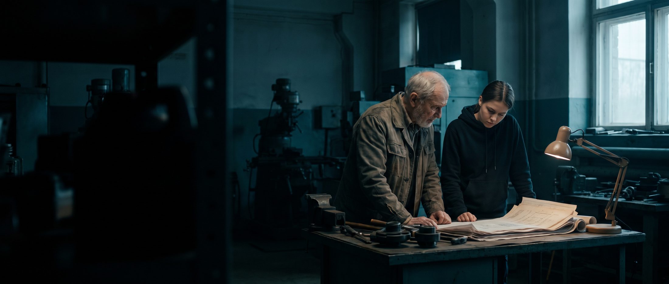 A veteran engineer reviews technical drawings with a younger colleague in a workshop.
