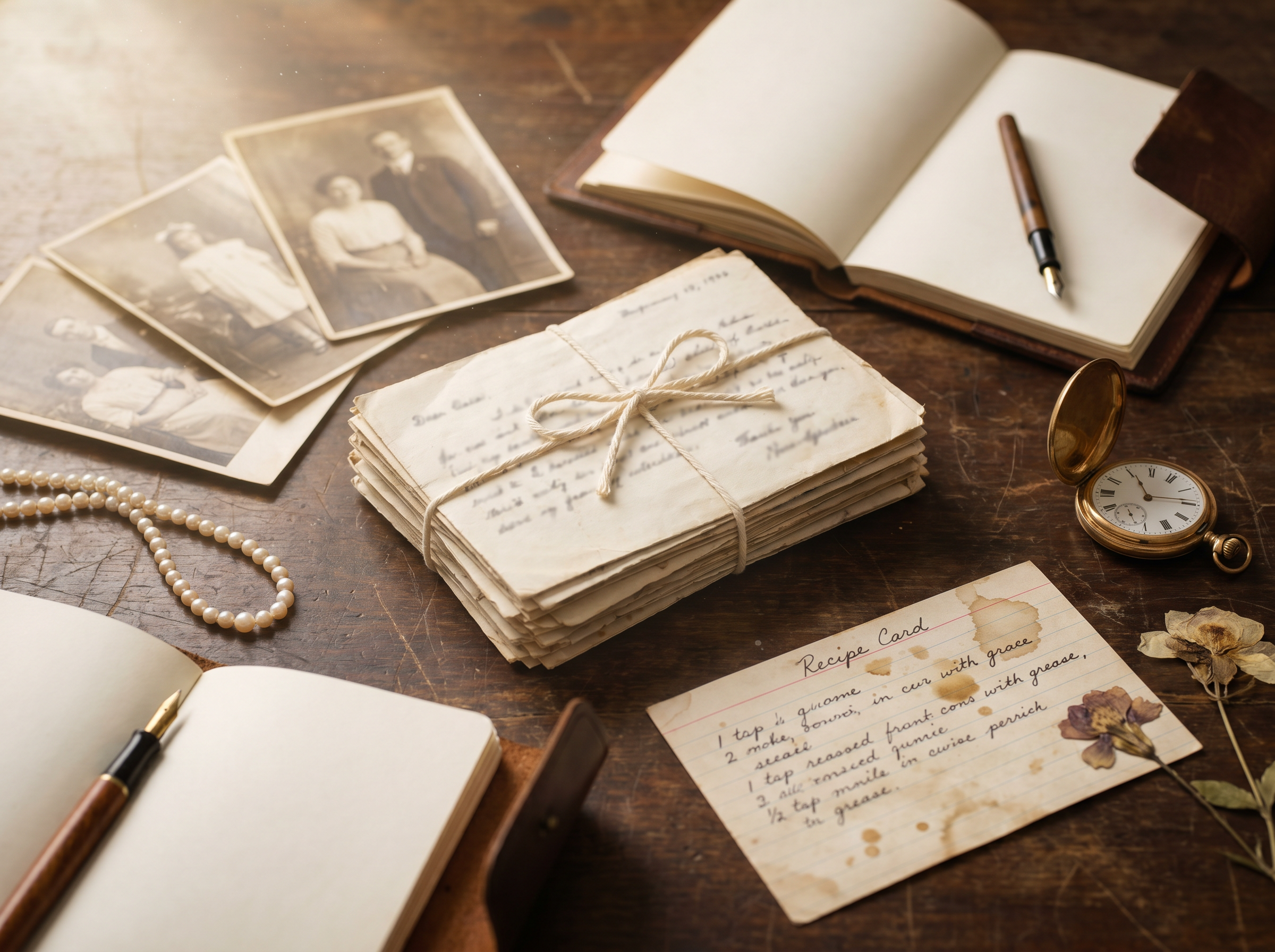 Vintage letters, sepia photographs, and a journal arranged on a wooden table