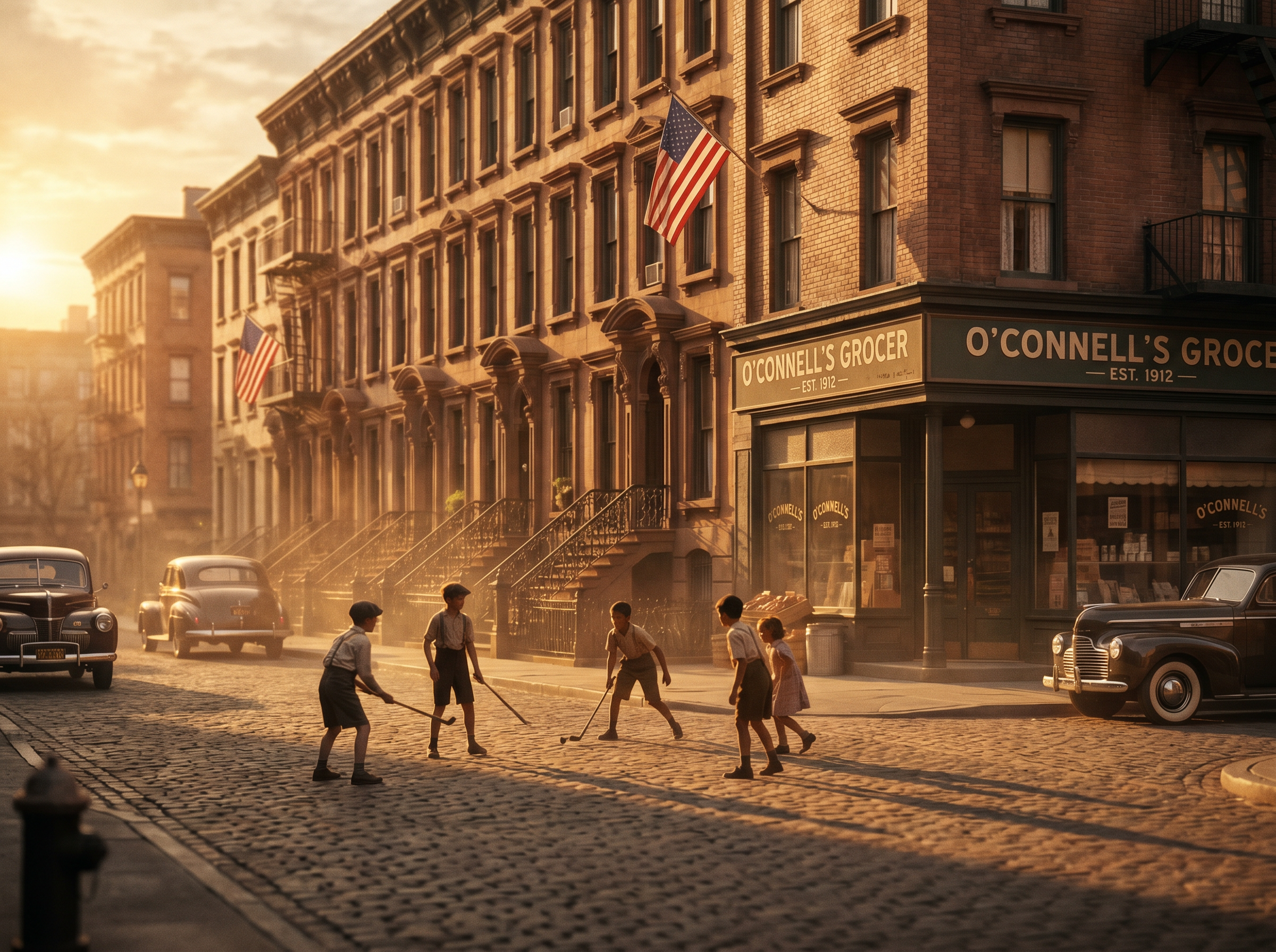 A vintage urban neighborhood street at golden hour evoking place and era