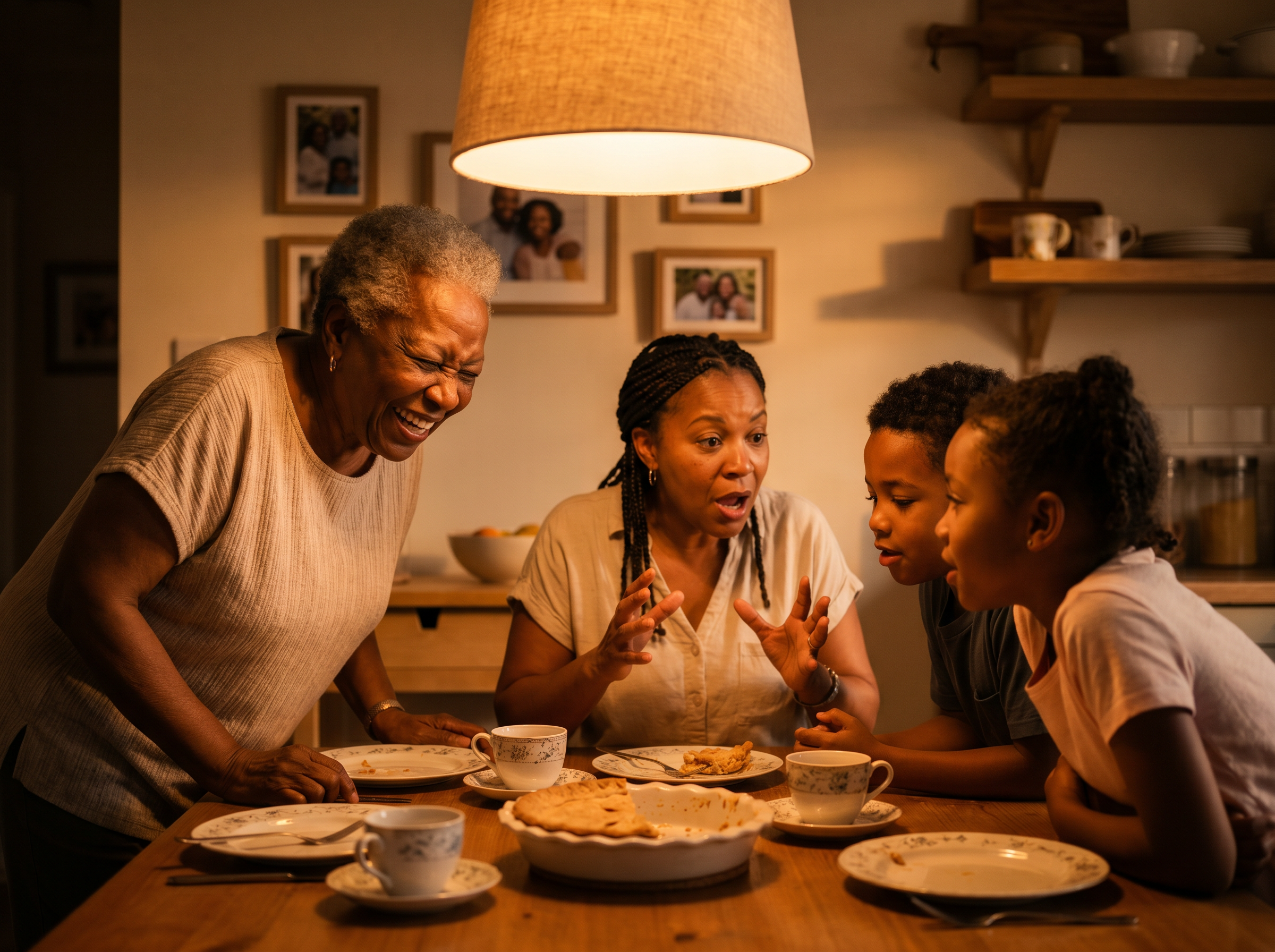 A multi-generational family gathered around a warmly lit kitchen table