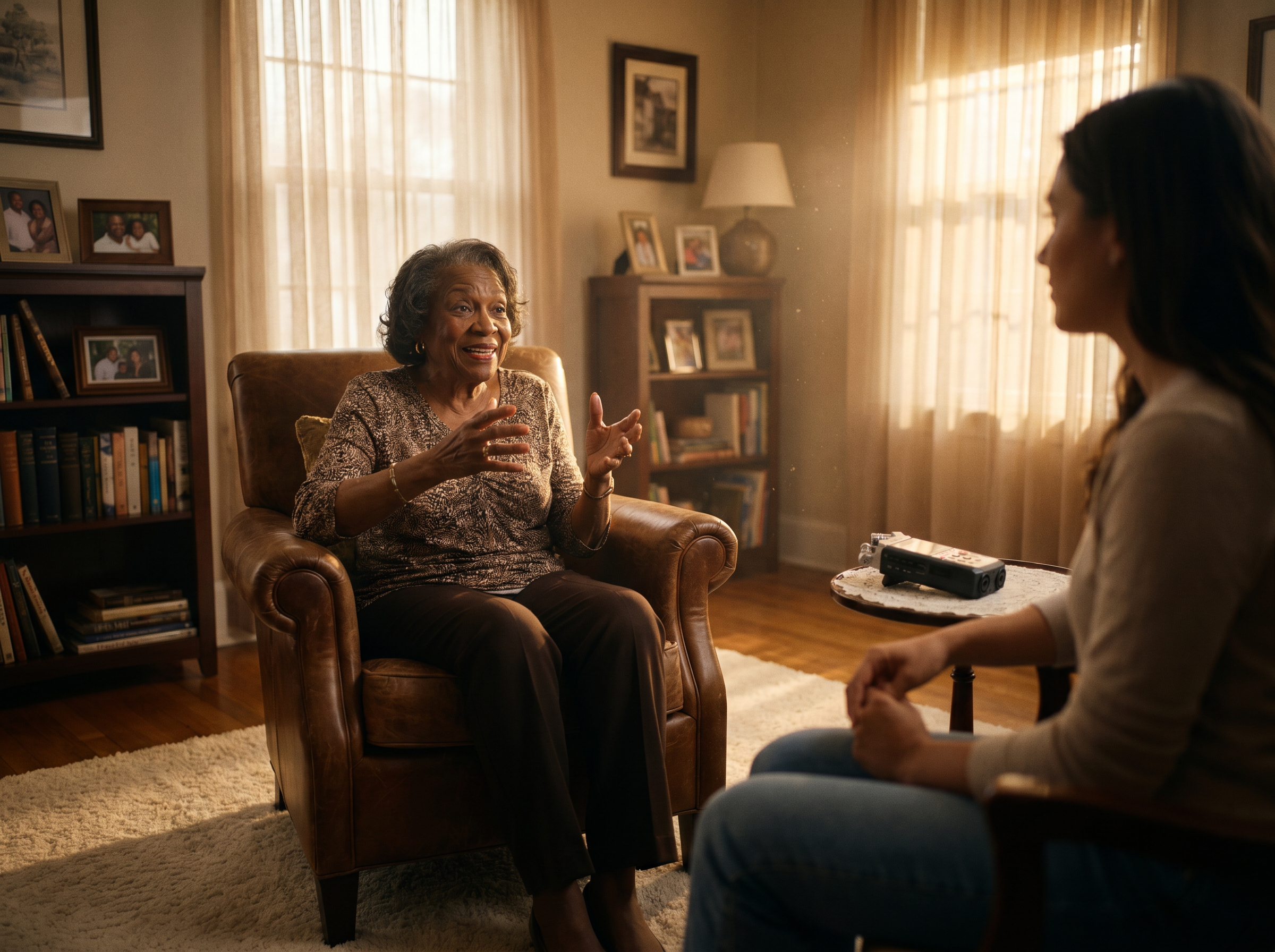 An older woman speaks with a younger family member in a warmly lit room