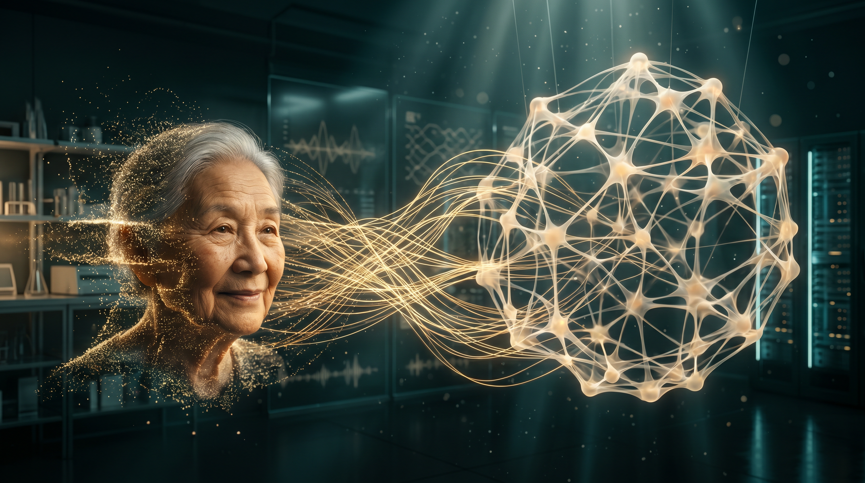 A human identity rendered in golden light particles flowing into a glowing neural network in a research laboratory