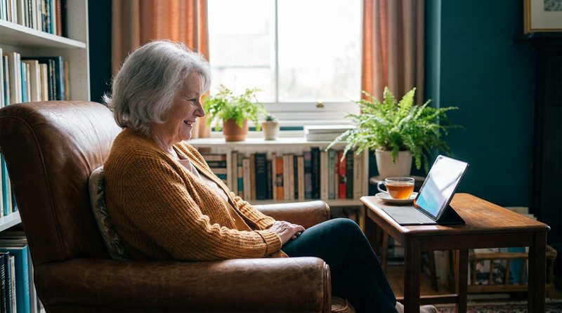 Older adult engaged with a tablet companion