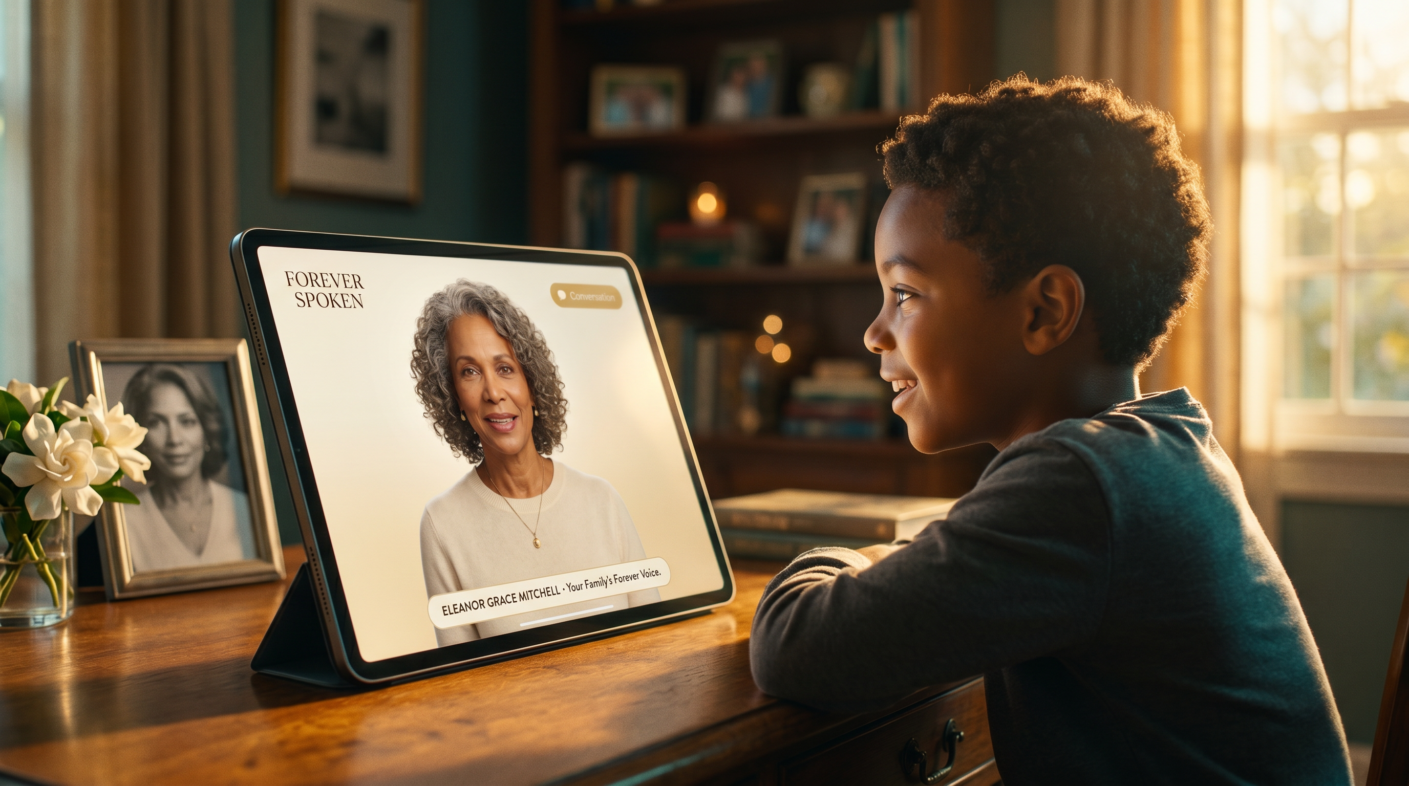A boy in conversation with a beloved relative through a tablet