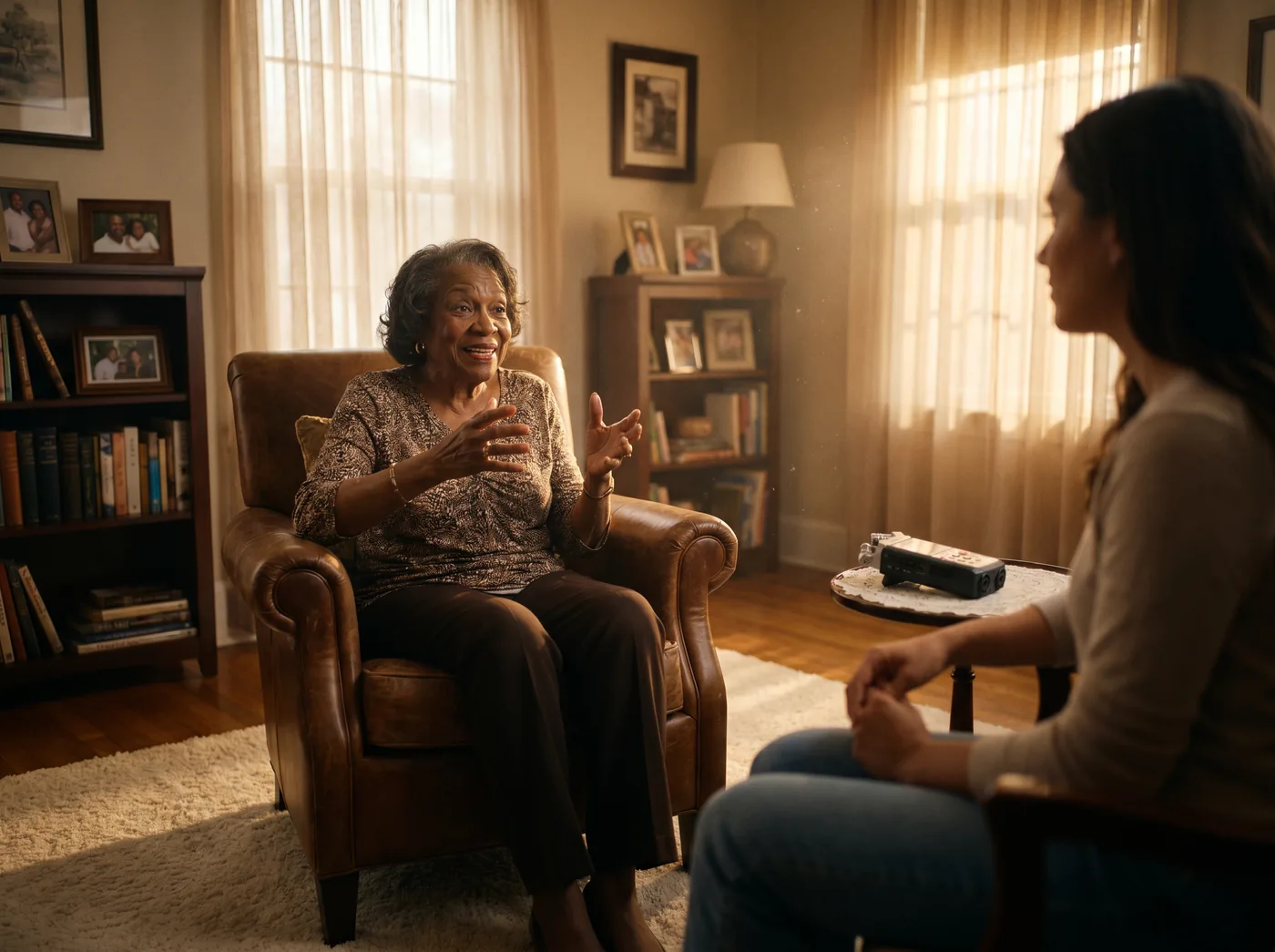 An older woman speaks with a younger family member in a warmly lit room