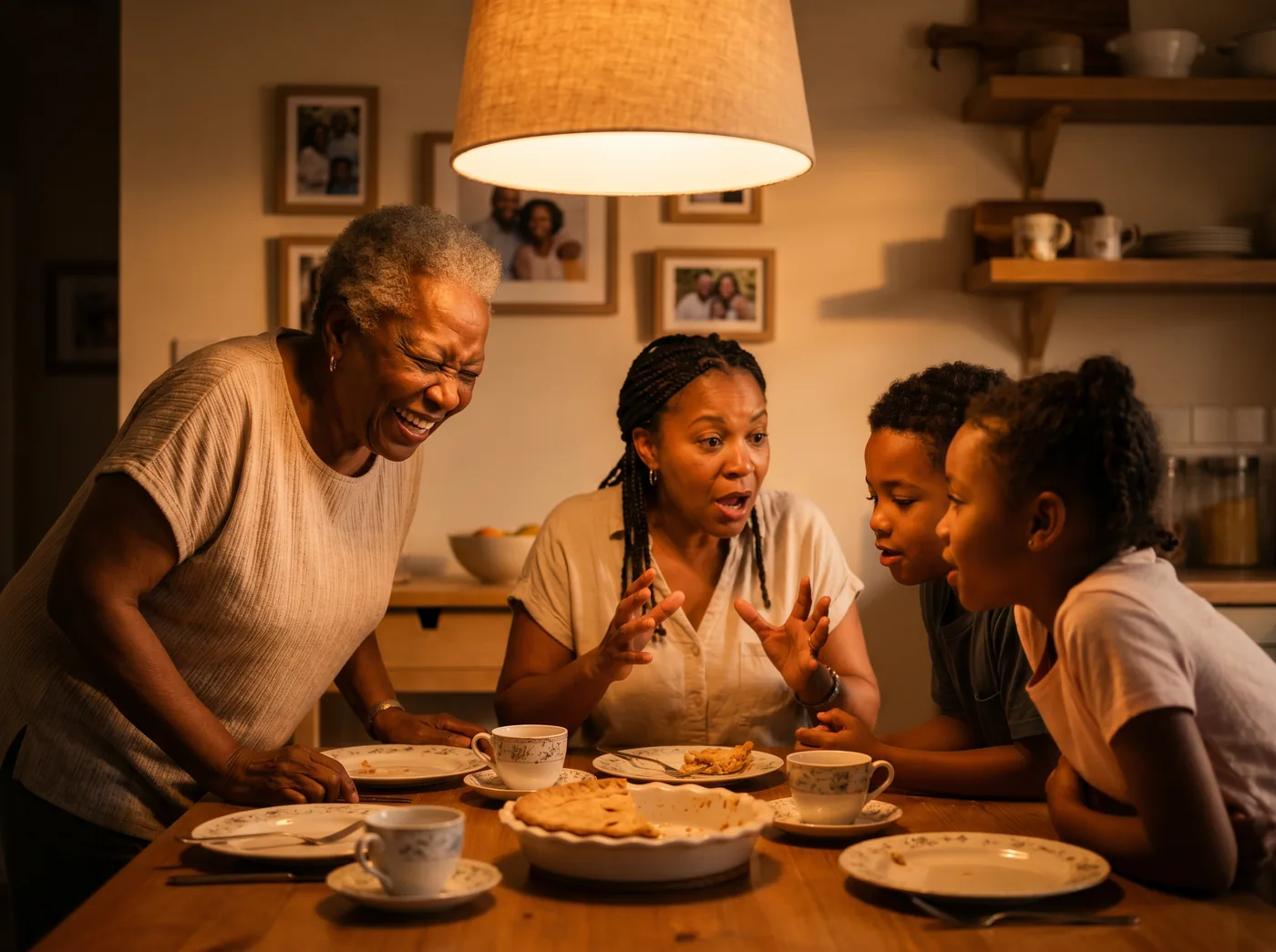 A multi-generational family gathered around a warmly lit kitchen table